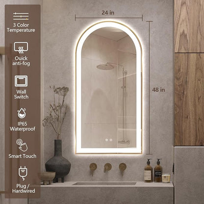 Arched LED Bathroom Mirror, 48"x24" Arch Backlit Vanity Mirror with Lights, Frontlit, Dimmable, 3 Colors, Memory Function, Anti-Fog Smart Mirror, Gold Frame, Shatterproof, UL Listed