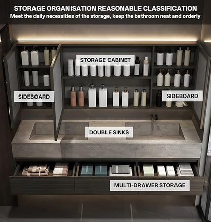 Double Sink Bathroom Vanity, Wood Looking Bath Vanity Includes Smart Anti-Fog Mirror Cabinet, Slate Countertop and One-Piece Sink, Wall Mounted Vanities with Soft-Close Drawers (Dark Walnut,96")