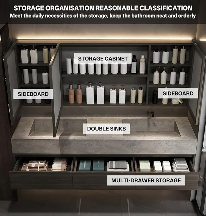 Double Sink Bathroom Vanity, Wood Looking Bath Vanity Includes Smart Anti-Fog Mirror Cabinet, Slate Countertop and One-Piece Sink, Wall Mounted Vanities with Soft-Close Drawers (Dark Walnut,64")