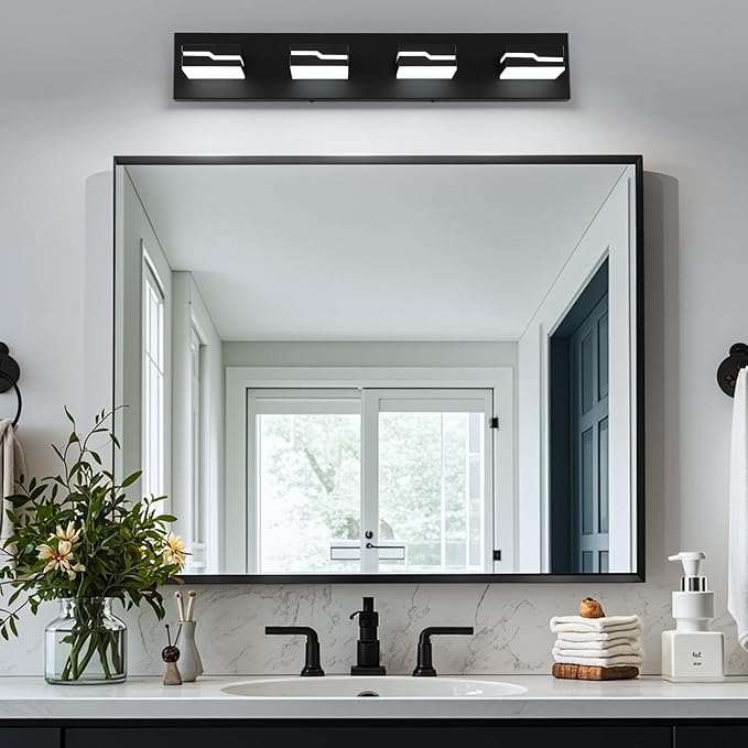 LED Modern Bathroom Vanity Light Fixtures 4-Light, 25.5 inch Dimmable Black Vanity Lights for Bathroom Lighting Fixtures Over Mirror, with 350°Rotatable Acrylic Heads(White Light 5500K)
