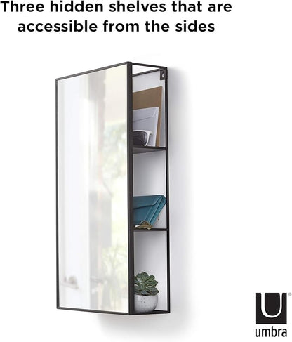 Umbra Cubiko 24x12" Rectangular Black Metal Bathroom Mirror Storage Cabinet with 3 Shelves