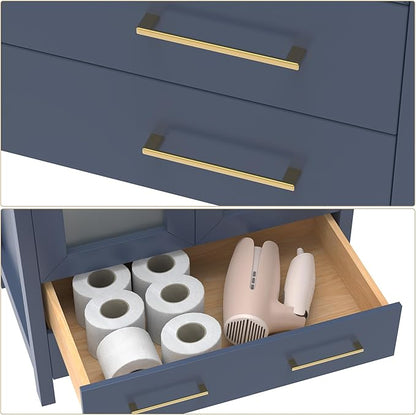 Vanity Art 42 Inch Under Mount Single Sink Bathroom Vanity Cabinet with 1 Mirror, Ceramic Top Bathroom Cabinet Compact Set with 5 Dovetail Storage Drawers and Gold Finish Handles, VA3030-42B