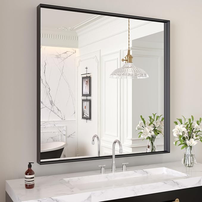 LOAAO Black Bathroom Mirror 30"X30" | Tempered Glass, Hangs Vertically or Horizontally, Easy to Install, Modern Design