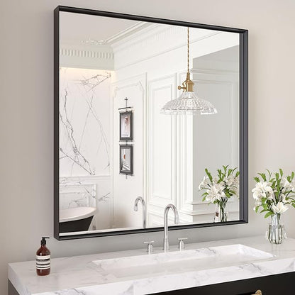 LOAAO Black Bathroom Mirror 36"X36" for Wall, Rectangle Bathroom Vanity Mirror, Tempered Glass, Hangs Vertically or Horizontally, Easy to Install, Modern Design