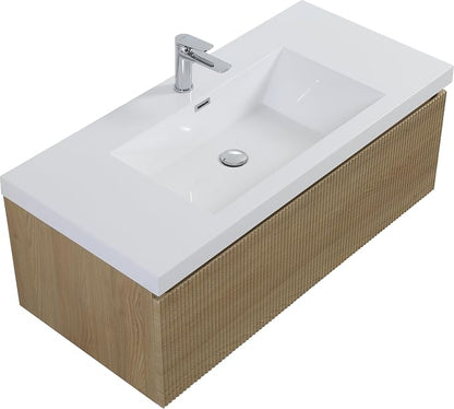 42 Inch Floating Bathroom Vanity with Sink, Modern Oak Wall Mounted Floating Vanity with Glossy Resin Sink, Soft Closing Drawer, Fully Pre Assembled Bathroom Vanity, Natural Oak