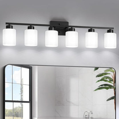 FonmYim Black Bathroom Light Fixtures Vanity Lights Over Mirror | Modern 6-Light lighting fixtures for bathroom with Milky White Frosted Glass Shades, E26 Socket (Bulbs Not Included)