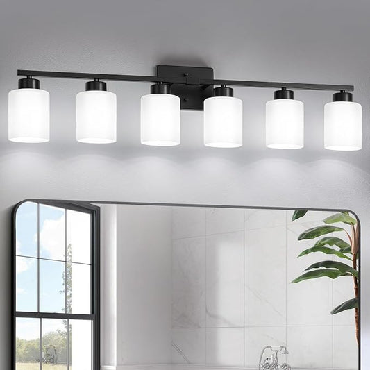 FonmYim Black Bathroom Light Fixtures Vanity Lights Over Mirror | Modern 6-Light lighting fixtures for bathroom with Milky White Frosted Glass Shades, E26 Socket (Bulbs Not Included)