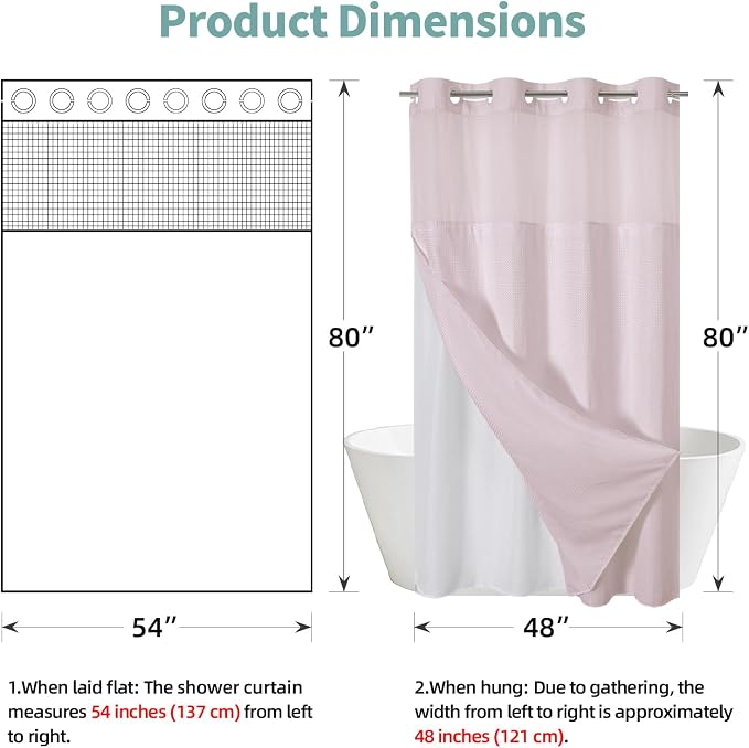 No Hook Waffle Shower Curtain with Snap-in Liner, 54x80 Inch, Blush Pink | 230GSM waffle weave fabric, waterproof liner set with 2 bottom magnets, mesh window, washable, for shower stalls or bathrooms