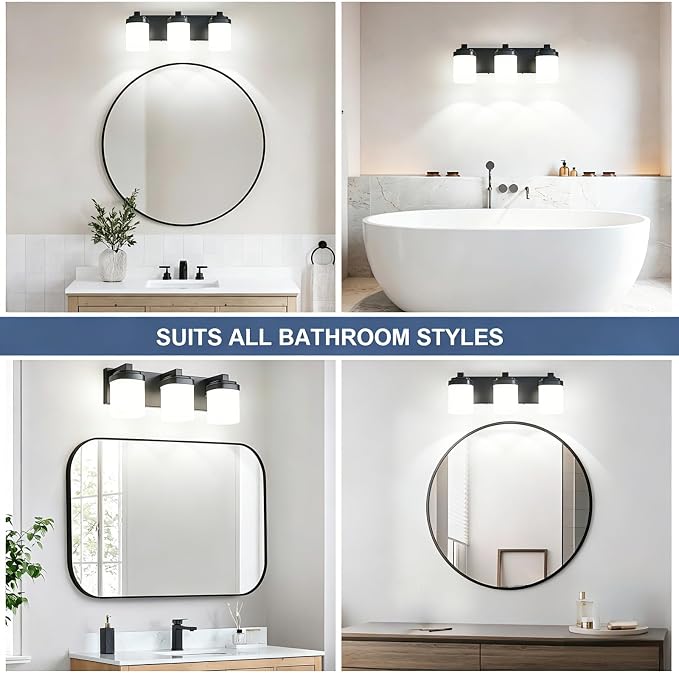 Vanity Lights for Bathroom, Modern Farmhouse Lighting Fixtures | 3-light black bathroom light fixtures over mirror, 17 inches bathroom light wall sconce with milky white square glass shade
