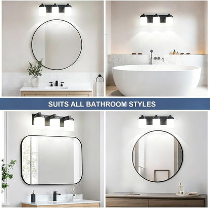 Vanity Lights for Bathroom, Modern Farmhouse Lighting Fixtures | 3-light black bathroom light fixtures over mirror, 17 inches bathroom light wall sconce with milky white square glass shade