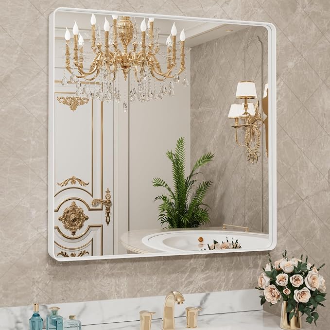 LOAAO 36x36 Inch White Metal Framed Bathroom Mirror | Rounded Rectangle Mirror, Anti-Rust, Tempered Glass, Hangs Horizontally or Vertically