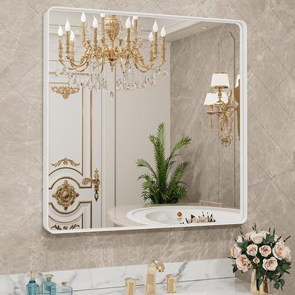 LOAAO 36x36 Inch White Metal Framed Bathroom Mirror | Rounded Rectangle Mirror, Anti-Rust, Tempered Glass, Hangs Horizontally or Vertically