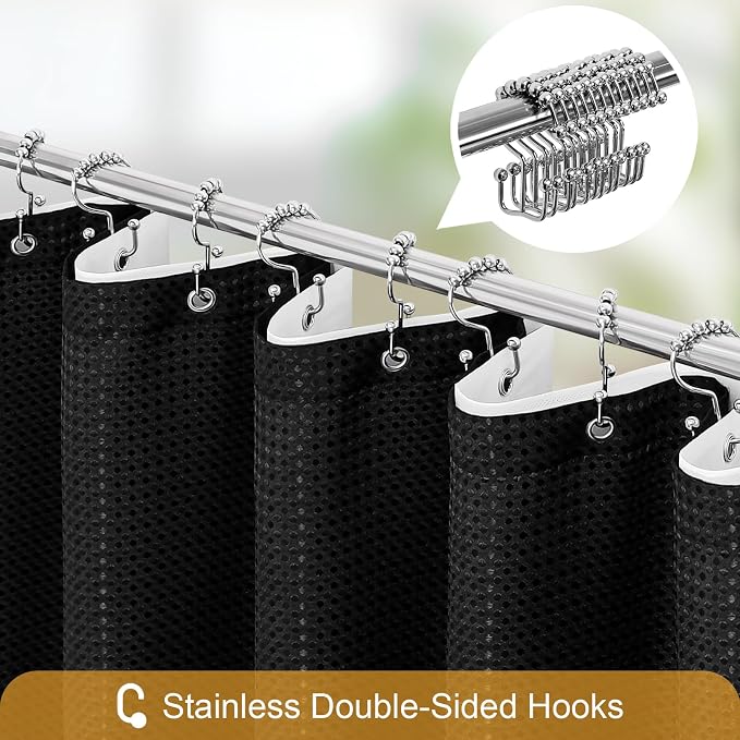 3 in 1 Black Shower Curtain with PEVA Liner, 12 Hooks, 72x72 | Luxury Weighted Fabric Shower Curtain Set, 12 Stainless Steel Double-Sided Hooks, Water Repellent, Bathroom Decor