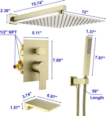 SHAMANDA Shower System with Waterfall Tub Spout and Handheld Shower Head, 12" Rain Shower Faucet Sets Complete with Shower Round-in Valve and Trim Wall Mount, Brushed Gold, L101-3