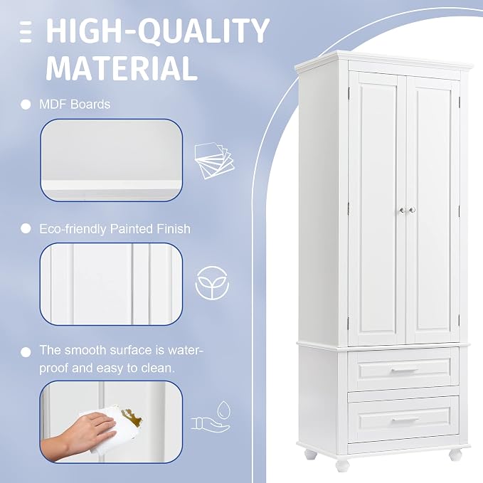 Merax 62.5" Pantry Cabinet with Two Doors & Two Drawers, Adjustable Shelves Storage Cupboard for Kitchen/Dining Room/Bathroom, White