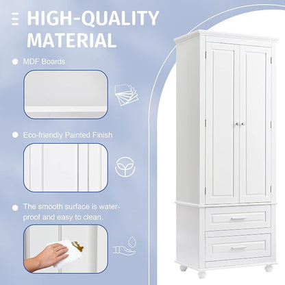 Merax 62.5" Pantry Cabinet with Two Doors & Two Drawers, Adjustable Shelves Storage Cupboard for Kitchen/Dining Room/Bathroom, White