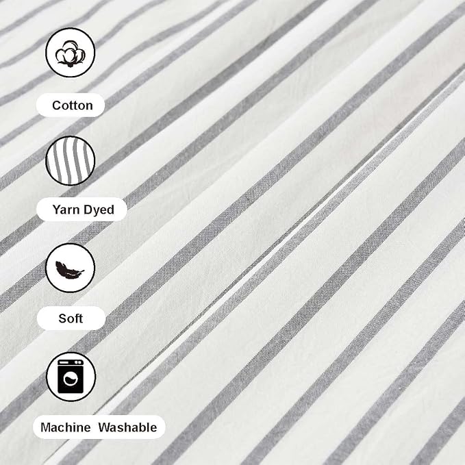 DOSLY IDÉES Farmhouse Shower Curtain, Beige and Gray Striped, Button Curtain, Spa Waffle and Cotton Woven Fabric, Rustic Charm Country Chic Style for Bathroom, 72x96 in