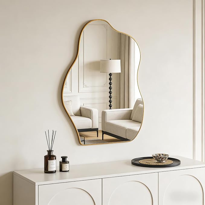 Irregular Asymmetrical Wall Mirror, 28x20 Inch Gold Bathroom Mirror | Decorative Wall Mirror, HD Tempered Glass, Golden Wood Framed Mirror for Bathroom Living Room Entryway Bedroom Hallway