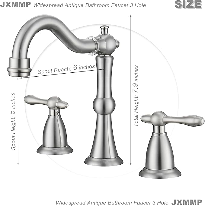 Brushed Nickel 3 Hole Bathroom Faucet, Widespread Antique Bathroom Sink Faucet with Pop Up Drain and cUPC Supply Hose, Modern 2 Handle Modern Brushed Sink Faucet Bathroom JXM3073BN