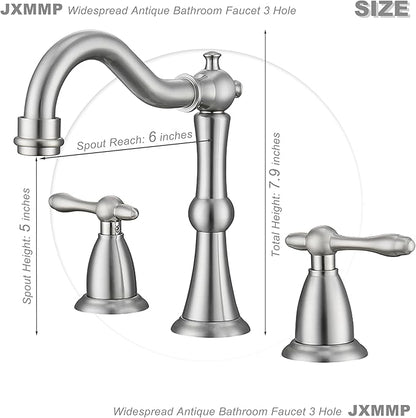 Brushed Nickel 3 Hole Bathroom Faucet, Widespread Antique Bathroom Sink Faucet with Pop Up Drain and cUPC Supply Hose, Modern 2 Handle Modern Brushed Sink Faucet Bathroom JXM3073BN