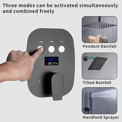 Shower Faucet Set Matte Black Dual Shower Head System | Ceiling Mounted, 12+8 inch Shower Head and Handle Set, Temperature Visualization