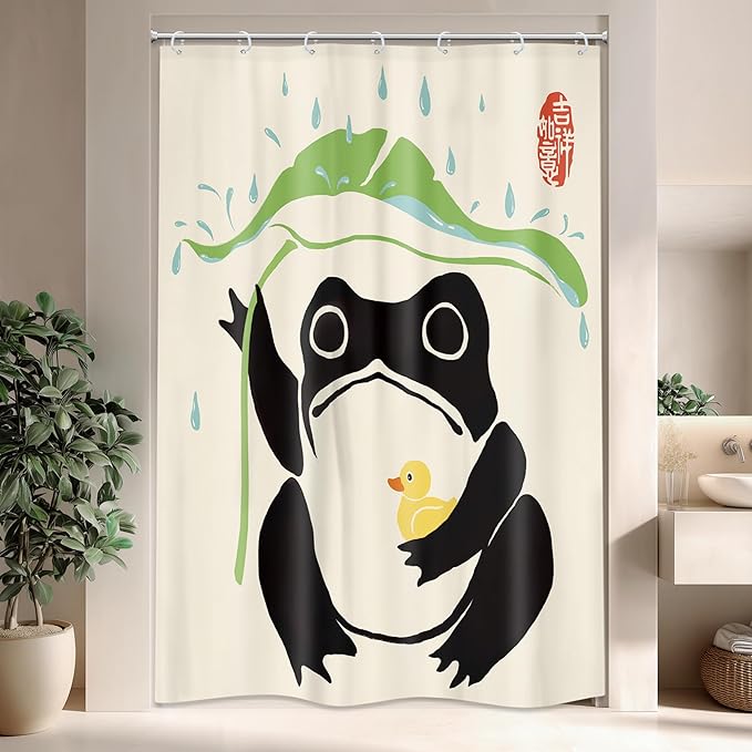 LGhtyro Funny Frog Shower Curtain Bathroom Set 48Wx71H Inches Taking Lotus Cute Duck Asian Traditional Japanese Style Animal Leaf Rain Bath Accessories Frog Art Home Decor Fabric 8 Pack Hooks