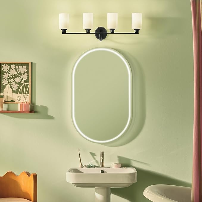 Kichler Gioe 32.25" 4-Light Vanity Light with Opal Glass in Black, Damp Rated, for Bathroom, Powder Room, Over a Mirror, (32.25" W x 10.5" H), 55227BK