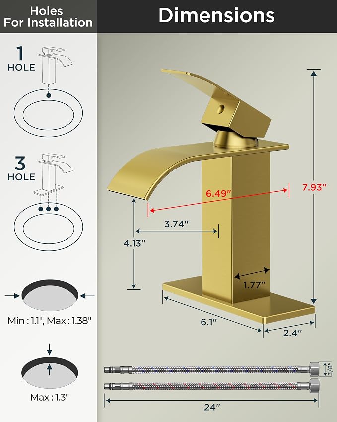 FORIOUS Bathroom Faucet 1 Hole, Waterfall Vanity Sink Faucet Brushed Gold | Bathroom Sink Faucet 1 or 3 Hole, Square Single Handle with 24" cUPC Supply Line and Pop-up Drain, Fits RV Restroom Basin