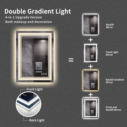 LED Mirror, 20x28 Inch Gradient Front and Backlit LED Bathroom Mirror, 3 Colors Dimmable CRI>90, IP54 Enhanced Anti-Fog Bathroom Mirror with Lights
