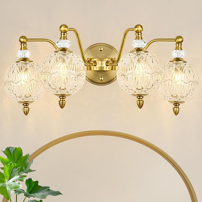 Vintage Bathroom Vanity Light, 4-Light Mid Century Brushed Gold Finish Wall Sconce with Globe Glass Shades, Retro Mirror Light for Bathroom, Powder Room