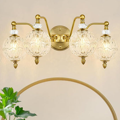 Vintage Bathroom Vanity Light, 4-Light Mid Century Brushed Gold Finish Wall Sconce with Globe Glass Shades, Retro Mirror Light for Bathroom, Powder Room