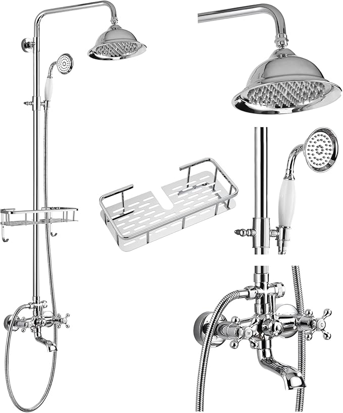 gotonovo Bathroom Exposed Shower Faucet Outdoor Shower System 8 Inch Rainfall Shower Head Set with Tub Spout and Handheld Spray Double Cross Handles Wall Mount with Shower Shelf Polished Chrome