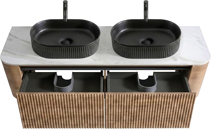 60" Preassembled Double Floating Bathroom Vanity with Black Sink, Oak | Mid-Century Modern Style, Fluted & Soft-Close Drawer with U-shaped Wall, Sinterted Stone Countertop, Towel Rack Included
