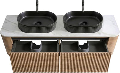 60" Preassembled Double Floating Bathroom Vanity with Black Sink, Oak | Mid-Century Modern Style, Fluted & Soft-Close Drawer with U-shaped Wall, Sinterted Stone Countertop, Towel Rack Included