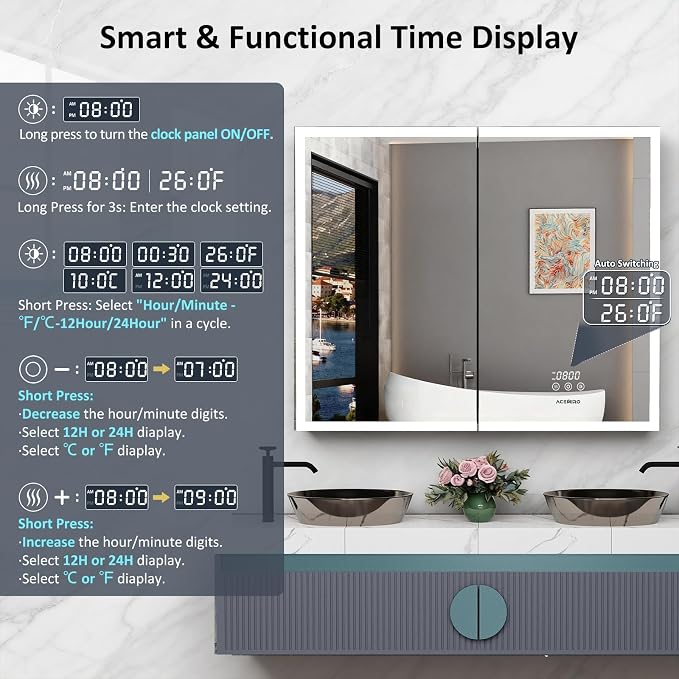 ACEMIRO 36"×30" Lighted Medicine Cabinet with Mirror, Surface or Recessed Bathroom Mirror Medicine Cabinet with Clock & Temp Display, Defogger, Dimming, Built-in Outlet & USB Ports, Double Door