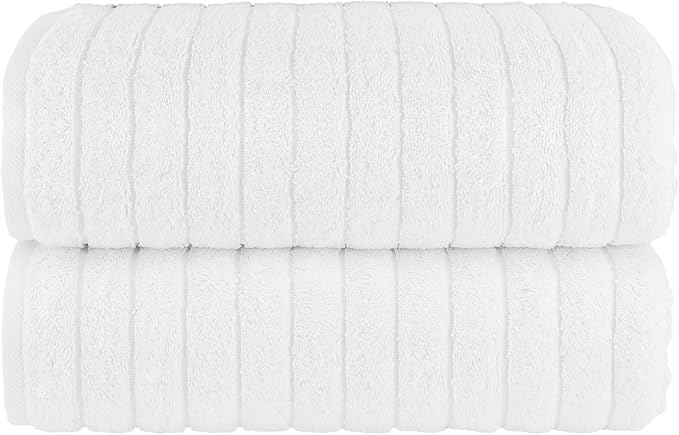 Elegant Comfort 100% Turkish Cotton Corduroy Ribbed Luxury Soft 2 Pack Bath Towels 27 x 54 Inch - Ultra Plush, Absorbent, Quick Dry, Hotel Spa Quality Towels for Bathroom Essentials, White