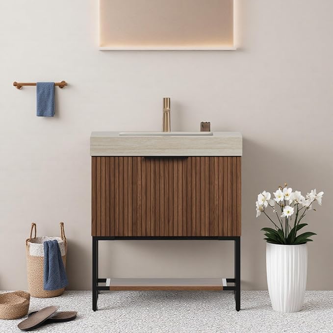 30" Freestanding Bathroom Vanity with Sink, Bathroom Vanity with Sintered Stone Top & Undermount Ceramic Basin, Pre-Assembled Striped Bathroom Storage Cabinet with Drawer & Open Shelf, Walnut