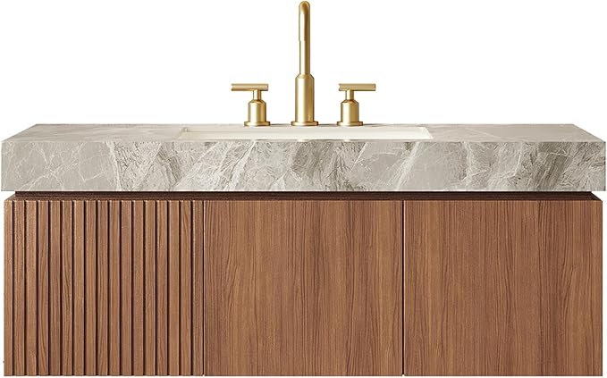 KEIKI 48 Inch Floating Bathroom Vanity with Sink, Modern Wall Mounted Storage Cabinet with Drawer, Pre-Assembled Waterproof Wood Panels, Sintered Stone Top & Ceramic Basin Combo Set, Brown Oak & Grey