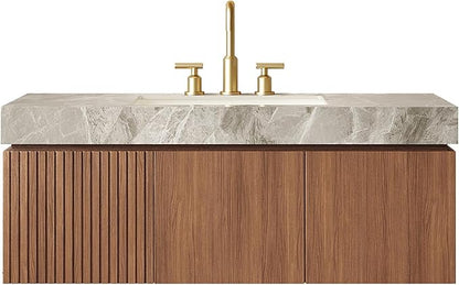 KEIKI 48 Inch Floating Bathroom Vanity with Sink, Modern Wall Mounted Storage Cabinet with Drawer, Pre-Assembled Waterproof Wood Panels, Sintered Stone Top & Ceramic Basin Combo Set, Brown Oak & Grey