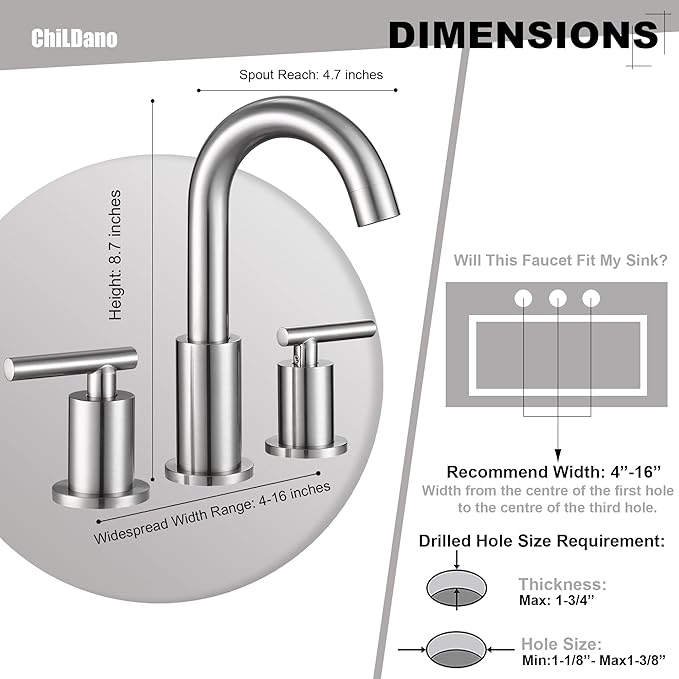 Widespread Bathroom Faucet with Sink Drain and Supply Hose, Brushed Nickel 3 Hole Faucet for Bathroom Sink, ChiLDano Satin Nickel 2 Handle Bathroom Faucet CH2183BN