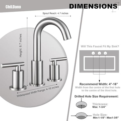 Widespread Bathroom Faucet with Sink Drain and Supply Hose, Brushed Nickel 3 Hole Faucet for Bathroom Sink, ChiLDano Satin Nickel 2 Handle Bathroom Faucet CH2183BN