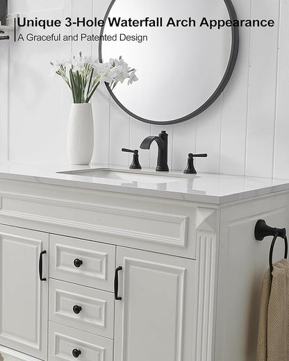 Matte Black Bathroom Faucet 3 Hole, Brass Bathroom Waterfall Faucet, 4-16 Inch Bathroom Sink Faucets, 2 Handle Widespread Faucet for Bathroom Sink with Water Supply Hoses, Pop-Up Drain