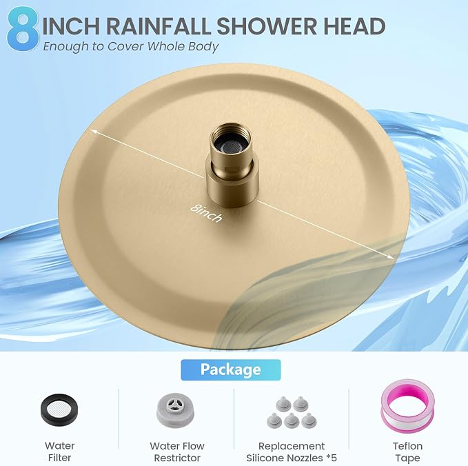 Brushed Gold Round Rainfall Shower Head, All Metal Stainless Steel Rain Shower Heads with 90 Anti-Clog Silicone Nozzles, Wall or Ceiling Mount, 8 inch