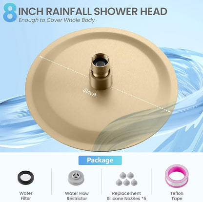 Brushed Gold Round Rainfall Shower Head, All Metal Stainless Steel Rain Shower Heads with 90 Anti-Clog Silicone Nozzles, Wall or Ceiling Mount, 8 inch