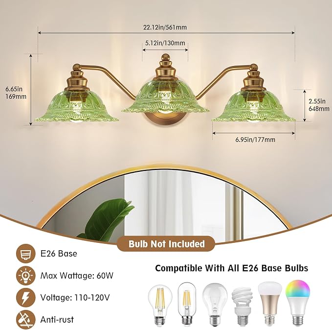 Redluck Vintage Bathroom Vanity Light Fixture, 3-Light Bathroom Lighting Fixtures Over Mirror, Antique Brass Finish with Green Crystal Glass Shade, Wall Sconces Lighting for Bedroom, Living Room