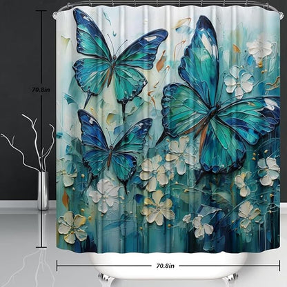Chrainy 4pcs Green Butterfly Shower Cutain Set Bathroom Decor with Rugs | Floral Bath Accessories with Waterproof Curtain, Bath Mat, Toilet Lid Cover, U-Shaped Rug and 12 Hooks for Washroom, 71*71in