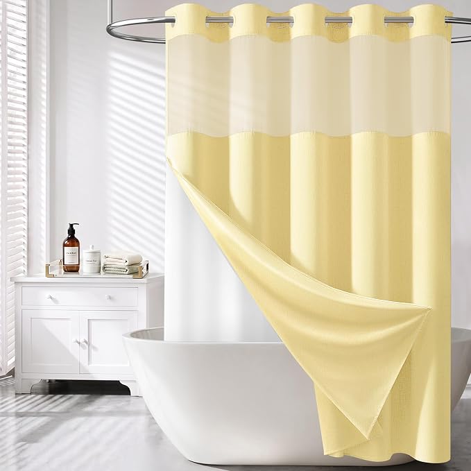 Yellow Ringless Linen Textured Shower Curtain with Snap in Liner 72x75 | 3 in 1 Modern Shower Curtain Set, Removable Liner, Waterproof & Washable, Mesh Top Window, Durable Fabric, Easy to Install