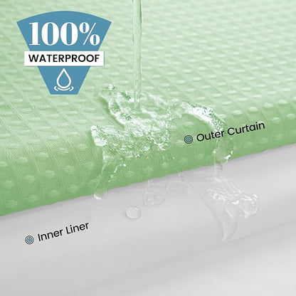 SORTTO No Hook Shower Curtain with Snap in Liner Set Waffle Shower Curtain for Bathroom Hotel Style Fabric Waterproof Inner Liner，71" W x 74" H, Green