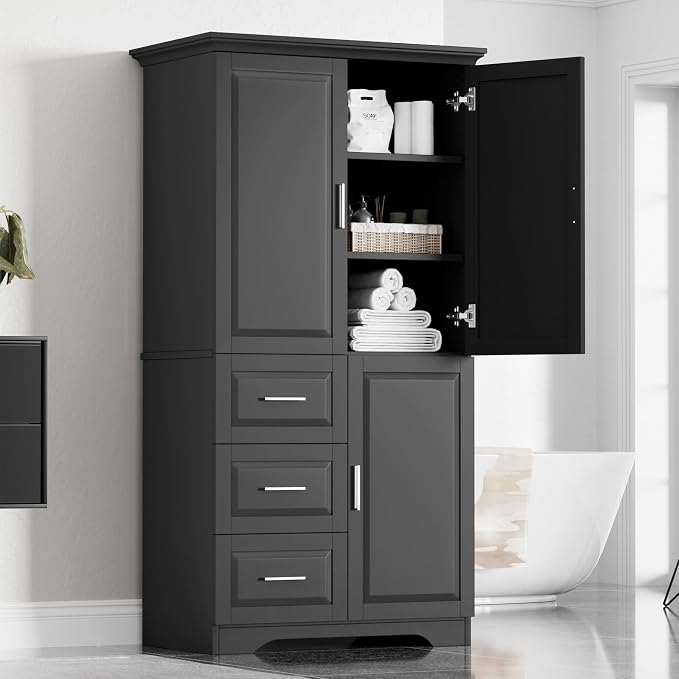 Merax 62.2" Pantry Cabinet with Three Doors & Three Drawers, Adjustable Shelves Storage Cupboard for Kitchen/Dining Room/Bathroom, Black
