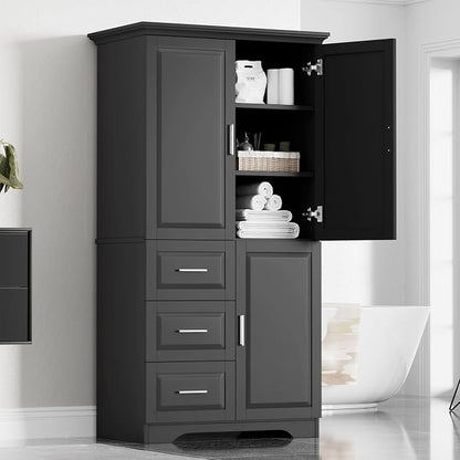 Merax 62.2" Pantry Cabinet with Three Doors & Three Drawers, Adjustable Shelves Storage Cupboard for Kitchen/Dining Room/Bathroom, Black